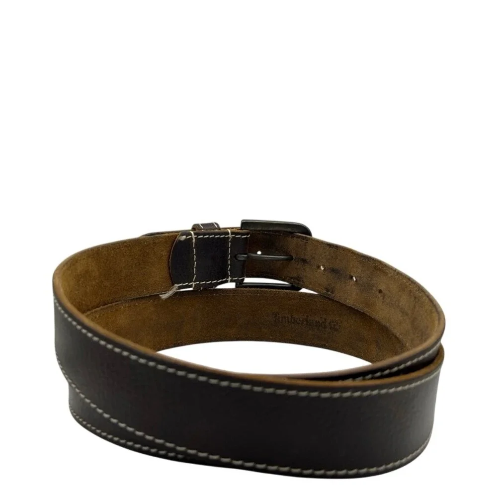 Timberland Mens Dark Brown Leather Belt Contrast Stitch Gunmetal Buckle Size 44